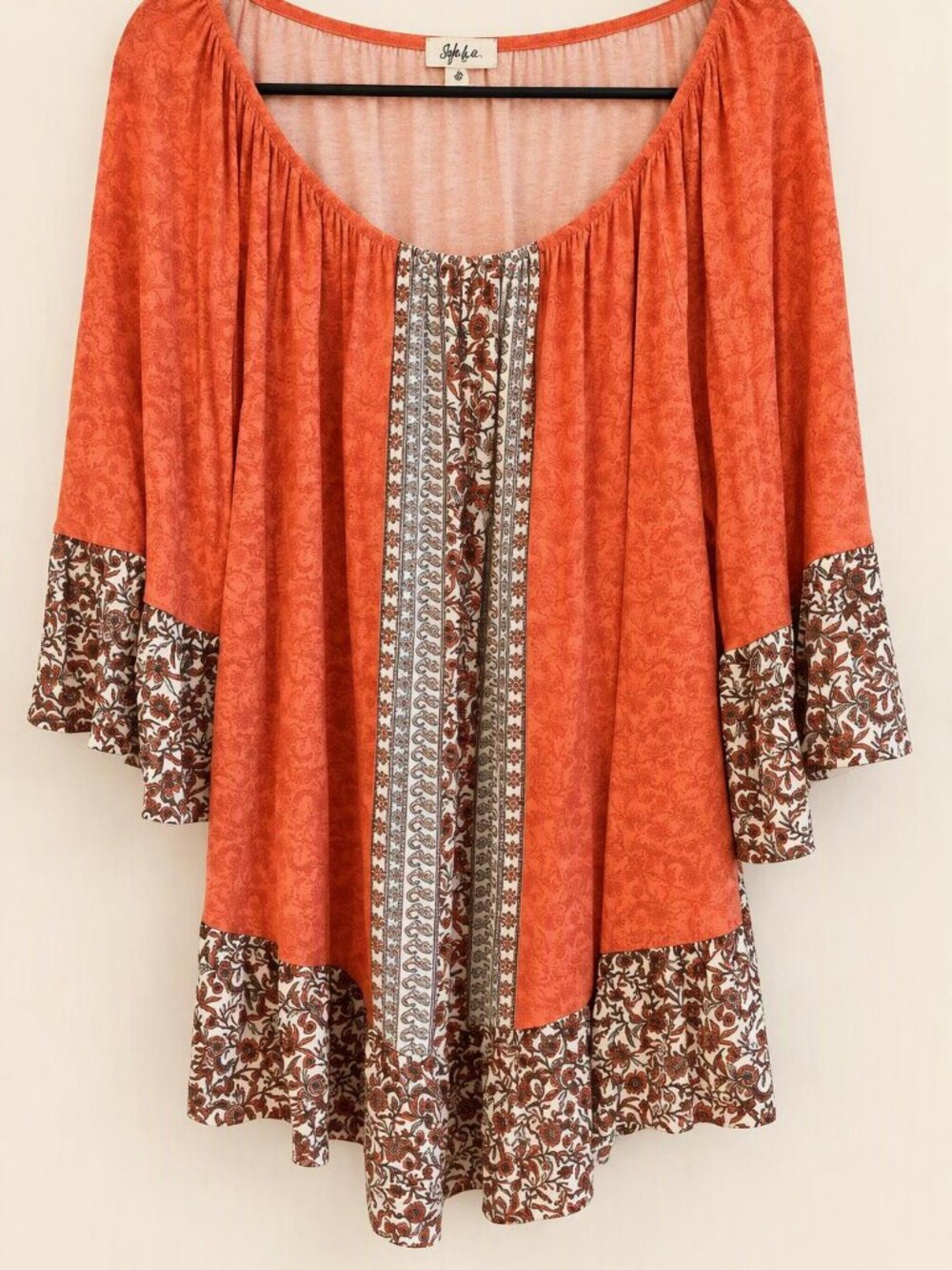 Boho Peasant Tunic Blouse Plus Size Coral Orange Floral Print 3/4 Sleeve Top